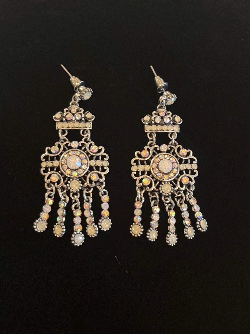 Vintage Ornate Iridescent Crystal Chandelier Earrings - Art Deco Design